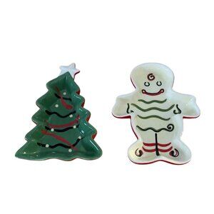 Ceramic Christmas Tree and Gingerbread Man Dishes Candy Serving Trinket Holiday